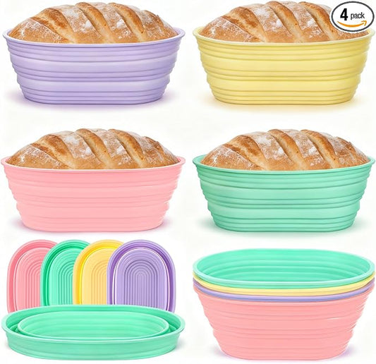 4 Pcs Silicone Bread Proofing Baskets, 10 Inch Oval Foldable Banneton Basket, Dough Proofing Bowls Containers Sourdough Baking Supplies with Non-Stick Surface