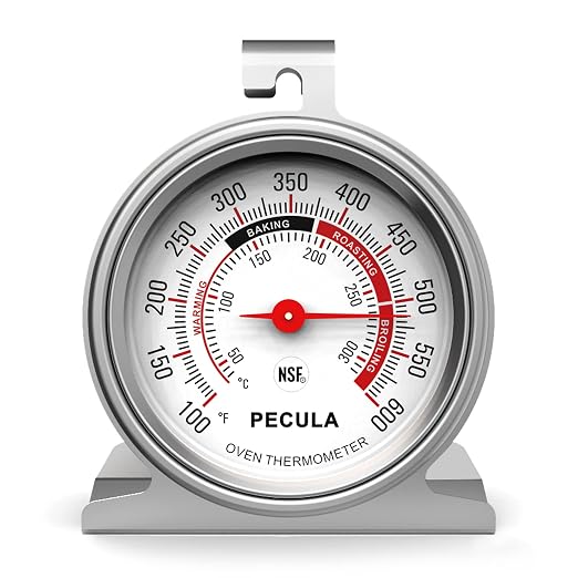 PECULA Stainless Steel Oven Thermometer Large Dial – Instant Read, 50-300°C / 100-600°F Accurate Temperature Gauge for Baking, Grilling, Roasting & Meat Use