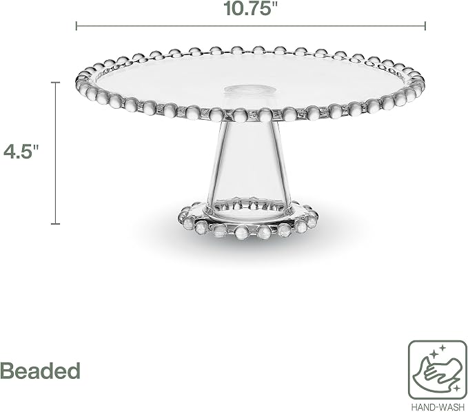 Fitz & Floyd Beaded Large Glass Cake Stand, 10.75 Inch Clear Glass Pedestal Cake Stand for Desserts, Appetizers, and Entertaining