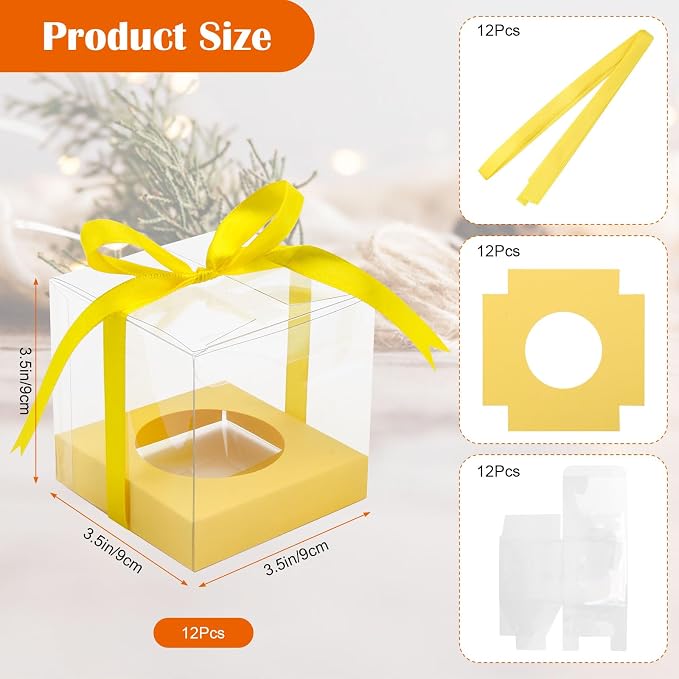12 Pack Clear Plastic Cupcake Boxes, 3.5 Inch Gold Single Cupcake Containers Disposable Individual Cup Cake Carrier Holder Boxes with Inserts and Ribbon (Yellow)