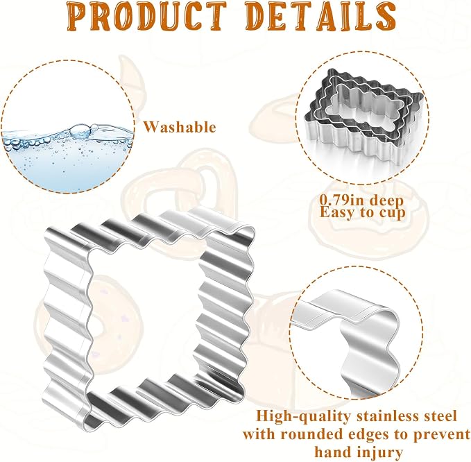 Qianyu 6 Pcs Scalloped Cookie Cutter Set, Stainless Steel Square Rectangle Biscuit Molds with Fluted Jagged Edge Assorted Sizes Geometric Frame Plaque Fondant Cake Fruit Vegetable Shapes Cutter