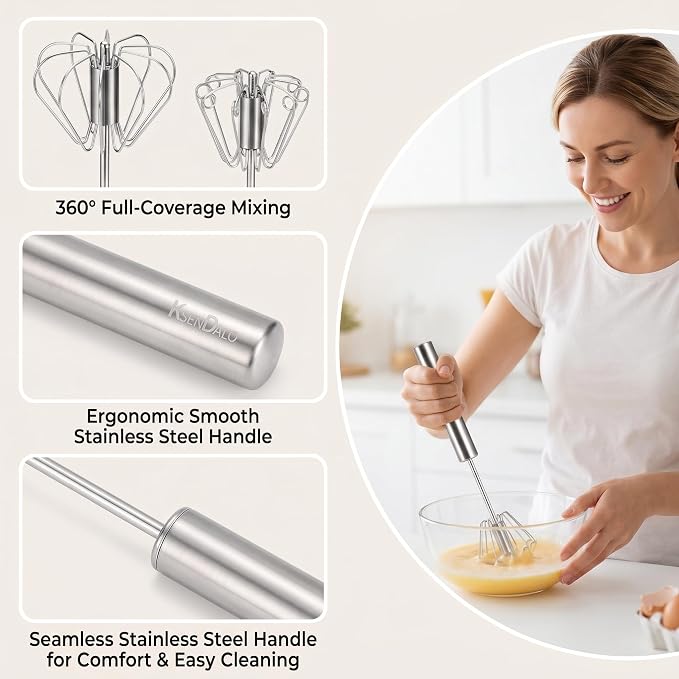 KSENDALO SUS304 Stainless Steel Whisk & Beater Set - Manual & Automatic Handheld Easy Semi-Auto Mixer for Cooking - 12 & 14inch Frother Spinner, Mixer & Stirrer for Eggs, Hand, and Milk