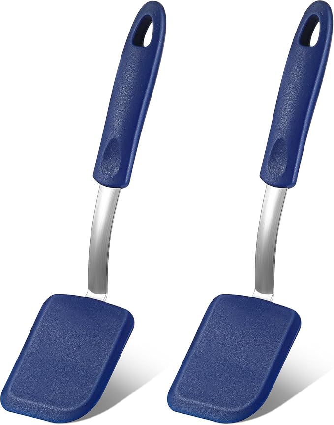 Silicone Cookie Spatula Turner 2 Pack Mini Brownie Spatula Flexible Kitchen Small Silicone Turner for Nonstick Cookware Heat Resistant No Scratch Flipper for Pancake(Solid Flat,Blue)