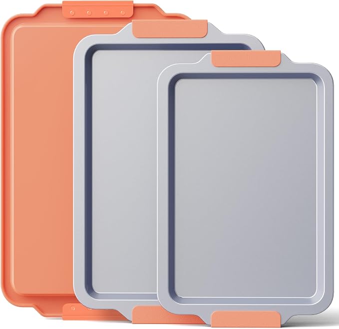 BRONYPRO Non Stick Ceramic Baking Sheet Pan Set of 3, Natural Non Toxic Cookie Sheets for Baking - PFOA, PTFE Free, Heavy Duty Aluminized Steel Oven Trays for Cooking with Silicone Handles, Coral