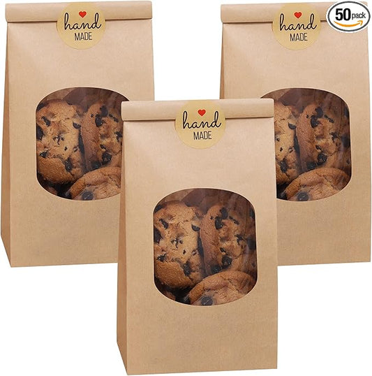 Eupako 3.54x2.36x6.7 Bakery Bags with Window 50 PCS Brown Tin Tie Tab Lock Bags Kraft Paper Bags for Cookies, Coffee, Included 50 PCS Handmade Stickers