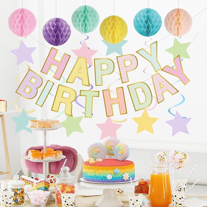 Pasimy Pastel Macaron Happy Birthday Decorations Kit Including Rainbow Happy Birthday Banner Rainbow Hanging Swirls Streamers Cutouts Colorful Honeycomb Balls Circle Dots Confetti Garland Supplies