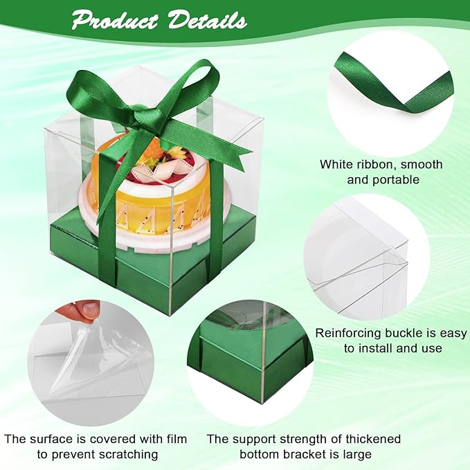 12 Pack Clear Plastic Cupcake Boxes, 3.5 Inch Gold Single Cupcake Containers Disposable Individual Cup Cake Carrier Holder Boxes with Inserts and Ribbon (Green)