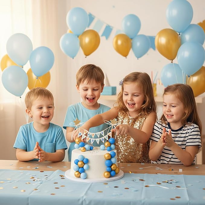 16 Pcs Happy Birthday Cake Topper Cake Bunting Topper Banner with Wood Pole Rainbow Garland with Bow Ribbon Balloon, Mini Cupcake Decor for Birthday Baby Shower (Gold,Light Blue,Dark Blue)