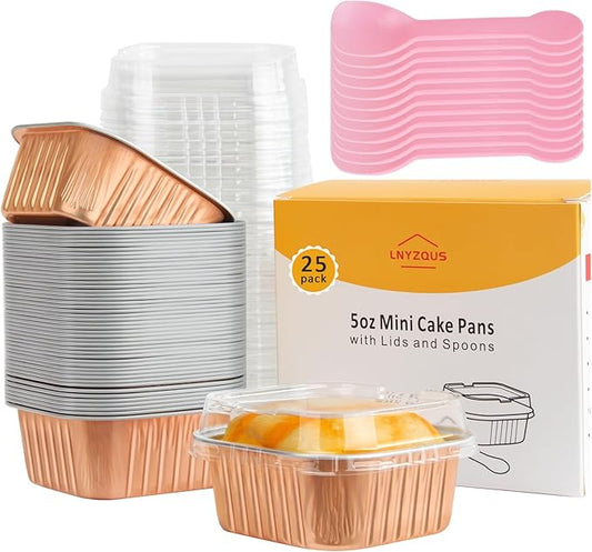 LNYZQUS 5oz Foil Baking Cups with Lids 25 Pack, Square Mini Cake Pans Disposable Muffin Tins, Small Cupcake Containers for Oven, Individual Ramekins for Holiday Baking Gifts-Champagne