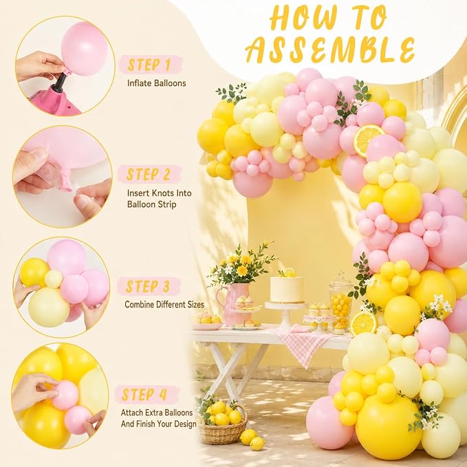 Pink and Yellow Balloon Arch Kit, 122Pcs Pastel Pink Yellow Balloons for Girls Lemon Party Decorations Summer Birthday Pool Theme Bridal Shower Baby Shower Engagement Party Decorations