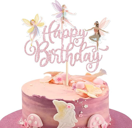 Rsstarxi 1 Pack Fairy Happy Birthday Cake Topper Glitter Garden Floral Fairies Cake Pick for Fairy Theme Happy Birthday Baby Shower Party Cake Decorations Supplies Pink