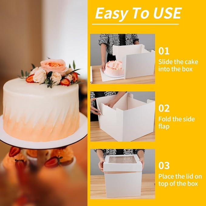 WINKIO 4 Pack Cake Boxes, Disposable Cake Transport Container, White Bakery Boxes with Large Window, for Cookies Pies Cupcakes Pastry (12×12×10)
