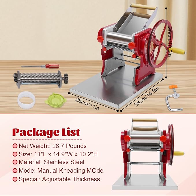 Commercial Pasta Maker, Stainless Steel Manual Pasta Machine with Adjustable Thickness Settings, Angel Hair Ravioli Noodle Cutter,Dough, Wide Noodles, Fine Noodles, Lasagna or Dumpling Skins