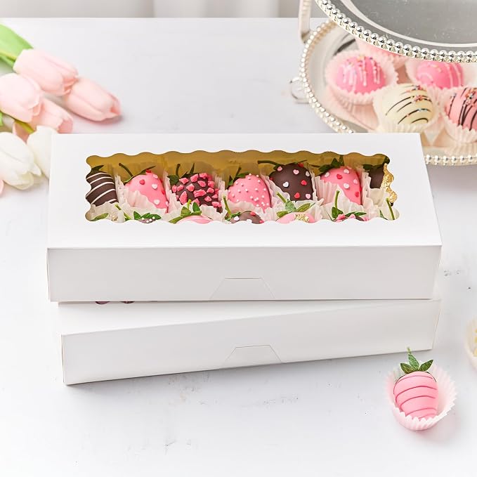 Kucoele Cookie Boxes with Window, 20 PCS, 12.5 x 5.5 x 2.5 Inches, White | Auto-Popup, Bakery Boxes, Treat Boxes, For Chocolate Covered Strawberries, Hot Cocoa Bombs, Pastries, Donuts, Muffins