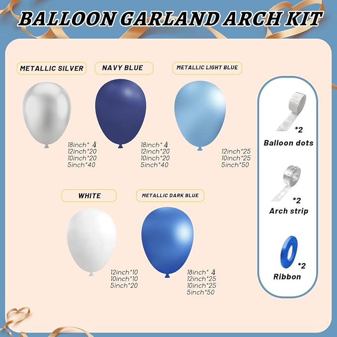 412Pcs Blue Balloon Arch Kit,5 10 12 18 inch Blue Balloon Garland with Metallic Dark Blue Silver Balloons for Baby Shower Graduation Birthday Wedding Party Decorations