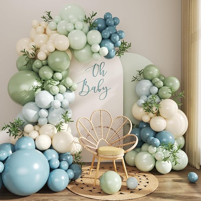Sage Green Dusty Blue Balloon Arch Kit 124Pcs blue Green Light Green Sand White Balloons for Baby Shower Bridal Shower Anniversary Birthday Party Decorations