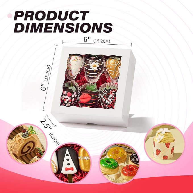 NEKSUNBAK 20 Pack 6"x6"x2.5" Bakery Boxes with Window -Chocolate Covered Strawberries, Small Cake, Cookie, Pastry, Mini Donitas & Cakesickle Truffle Chocolate Boxes