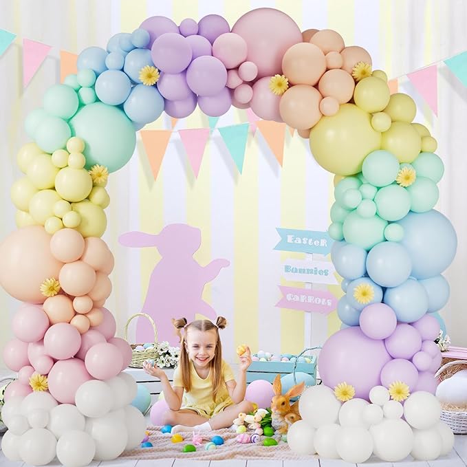 163Pcs Pastel Rainbow Balloon Arch Garland kit with Assorted Color Balloons Pastel Blue Pink Orange Green Yellow Purple and White Balloons for Easter LGBT Wedding Unicorn Birthday Party Supplies