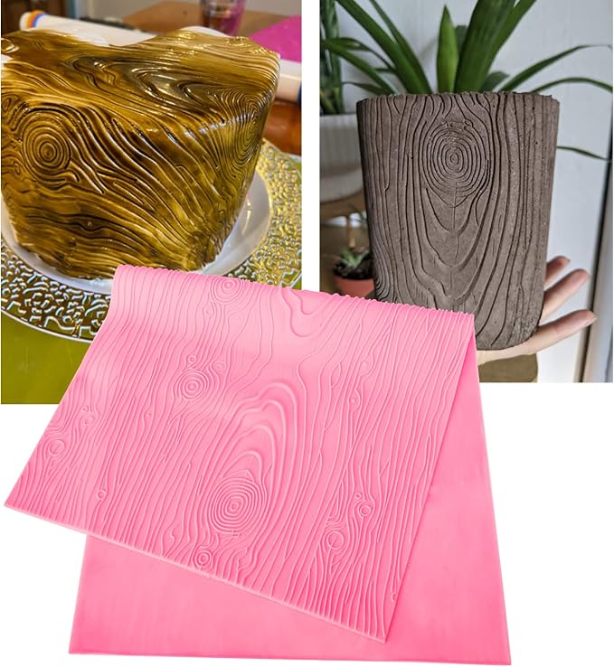Beasea Silicone Lace Mold for Cakes Decorating, Woodgrain Fondant Impression Mat Silicone Lace Mold, Fondant Texture for Sugar Wood Texture Sheet Embossed Craft Tools (17 x 9 inches, Pink)