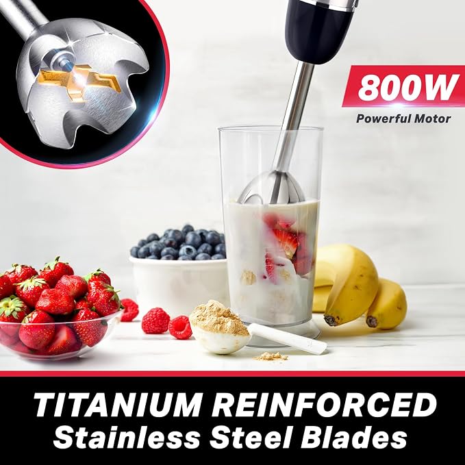 Mueller Multistick 800W 5-in-1 Immersion Blender Handheld, 12 Speed Hand Mixer - Turbo Boost, Heaviest Duty Copper Motor, Titanium Blades Hand Blender, Milk Frother Wand, Whisk, Kitchen Gadgets Black