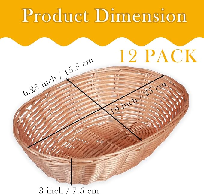 Nexboraque 12 Pack Plastic Oval Basket, Empty Bread Basket 10 x 6.25 x 3 Inch Food Storage Basket Bulk, Plastic Wicker Baskets Bin for Kitchen Serving, Centerpiece Display, Christmas Gifts, Brown