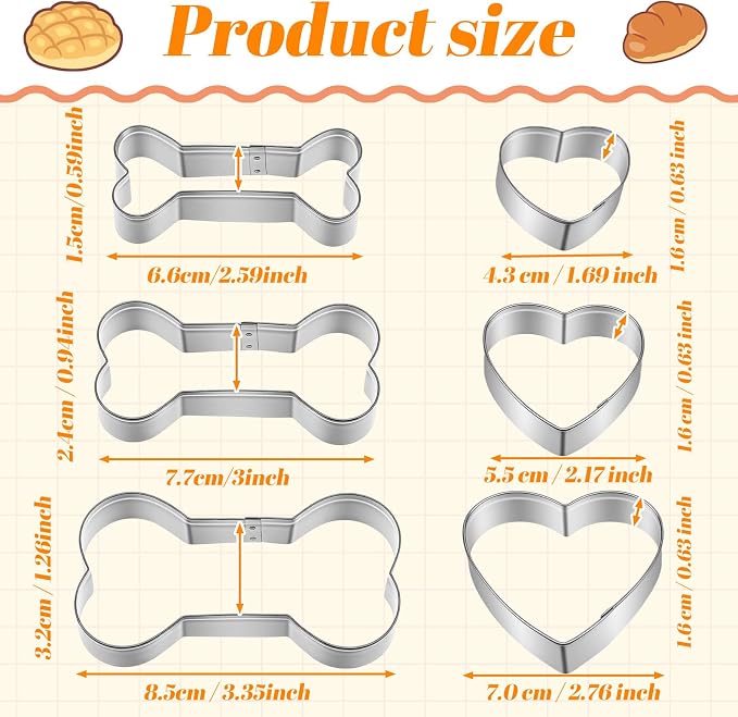 6 Pcs Dog Bone and Heart-Shaped Cookie Cutter 3 Sizes Stainless Steel Biscuit Mold Metal Dogs Treats Cookies Cutter Silver Puppy Cookie Cutters for Theme Party Treats and Homemade Baking