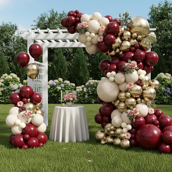 Burgundy Balloon Arch Garland Kit 163pcs, Burgundy Maroon Sand White Metallic Gold Latex Balloons Arch Kit for Birthday Graduation Maroon Wedding Valentines Day Anniversary Party Decorations