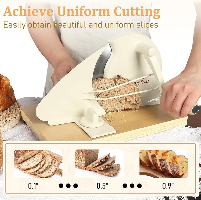Brvclon Manual Bread Slicer for Homemade Sourdough,Adjustable Thickness,Hand Crank Bread Slicer with Stainless Steel Blade, Aluminum Alloy Frame & Solid Wood Base,Comes with 10 Bread Bags