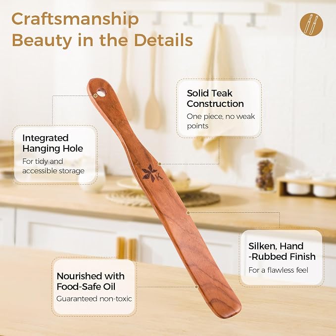 Spurtle for Sourdough Starter, Danish Dough Whisk and Jar Spatula, Solid Teak Wood for Mixing, Scraping Jars and Bread Making Tools, Wooden Kitchen Utensils for Non-Stick Cookware (2) (1 Pcs spurtle)