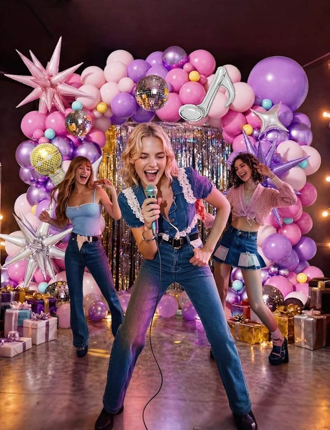 Pink and Purple Balloon Garland Arch Kit, 144 PCS Purple and Pink Balloons with Music Notes, Microphone and Starburst Foil Balloons, for Girls Birthday Party, Karaoke, Pop Music Theme Decorations