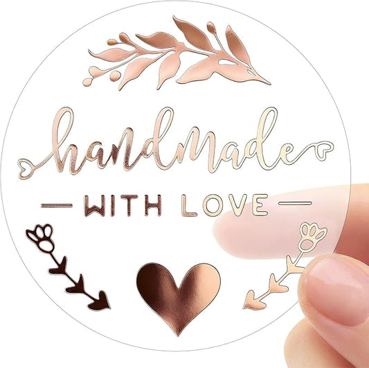 100 Handmade with Love Stickers, Clear Rose Gold Foil Labels for Small Business Packaging, Bakery Boxes, Gift Bags, Cookies, Handmade Crafts & Customer Orders, 1.6 Inch Round