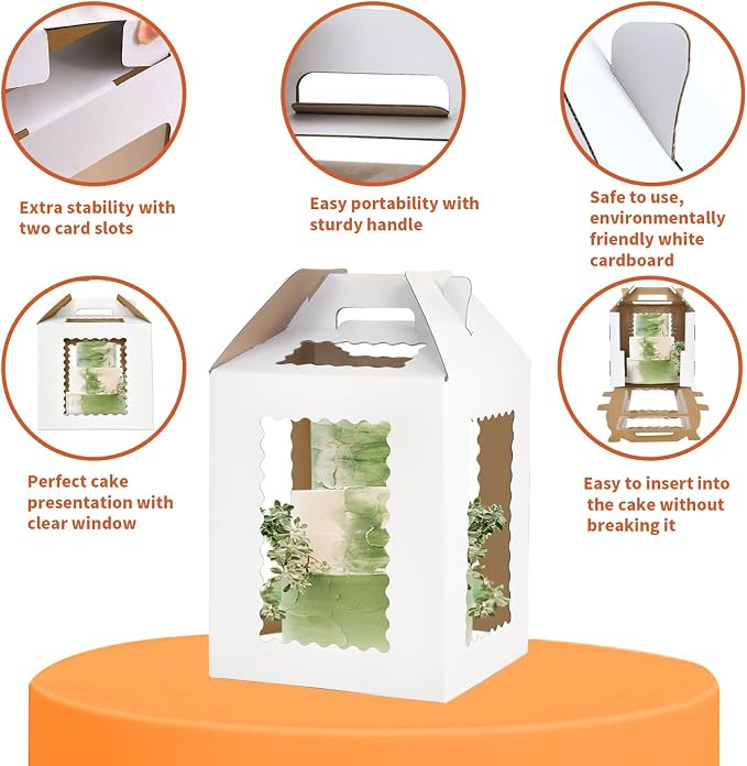 12inch Tall Cake Boxes 6 Windows with handle,12x12x12 Cake Carrier, Tiered Cake Box, Square cake box,largeTake Out Transport Containers Ideal for 10" & 12" Tiered Cakes (3Pack-White)