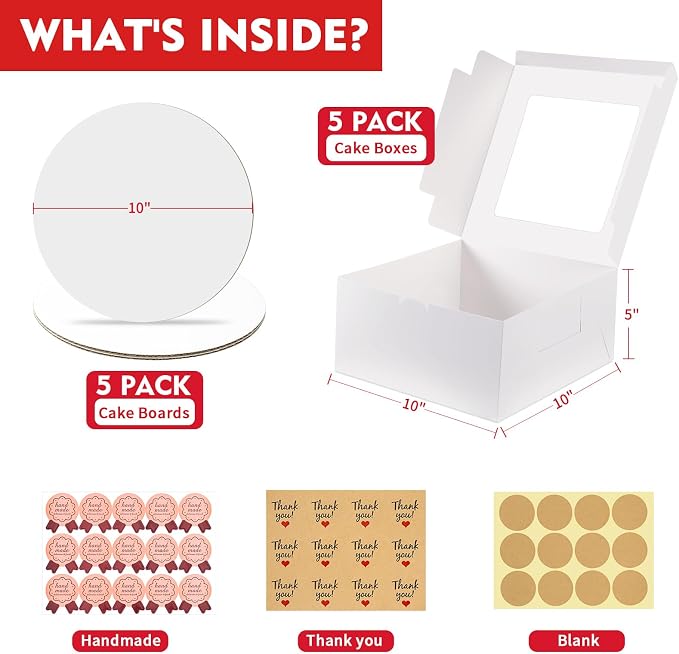 5 Pack Cake Boxes, 10x10x5 Inches Cake Boxes with Boards, White Square Bakery Boxes with Window, Disposable Cake Containers with Lids for Pastry Pie Cookies Chocolates Wedding Birthday Party