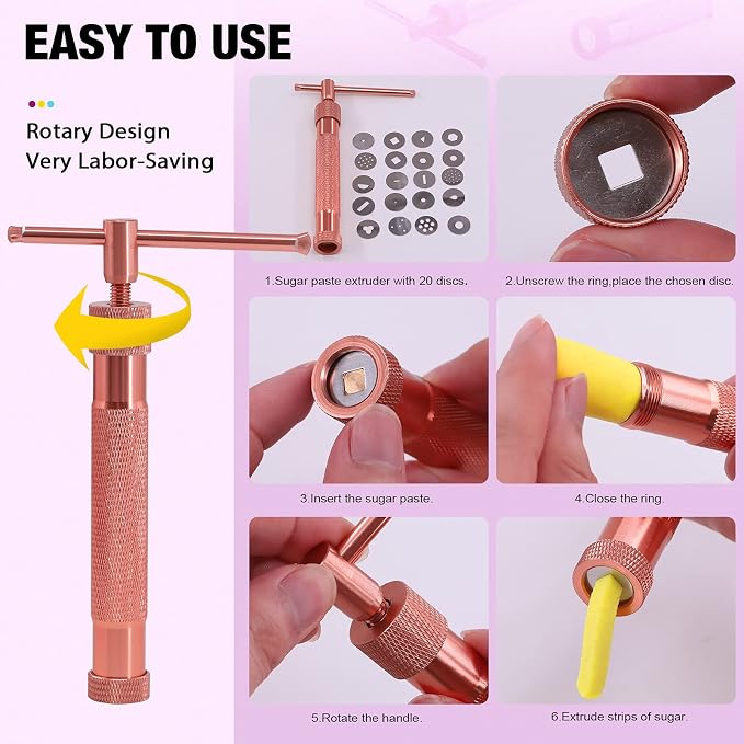 Swpeet 36Pcs Rose Gold Clay Extruder Gun Fondant Sugar Paste Extruder Clay Cake Sculpture Gun, Ball Stylus Dotting Tool with Plastic Scraper, Cake Decorating Supplies Modeling Tool
