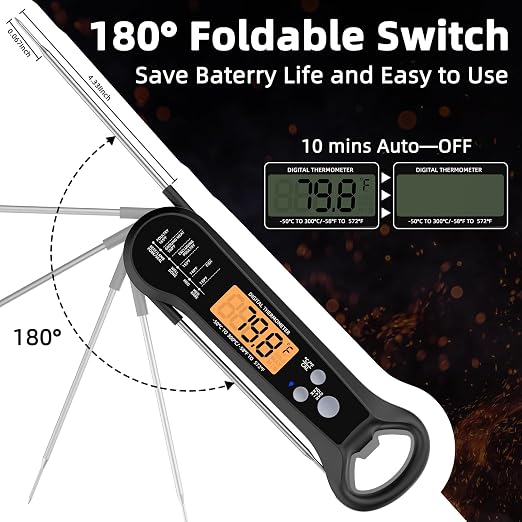Instant Read Meat Thermometer for Grill and BBQ, Black | Fast Accuracy Digital, Backlight & Waterproof, For Cooking, Baking, Fish, Liquids, Lamb, Chicken