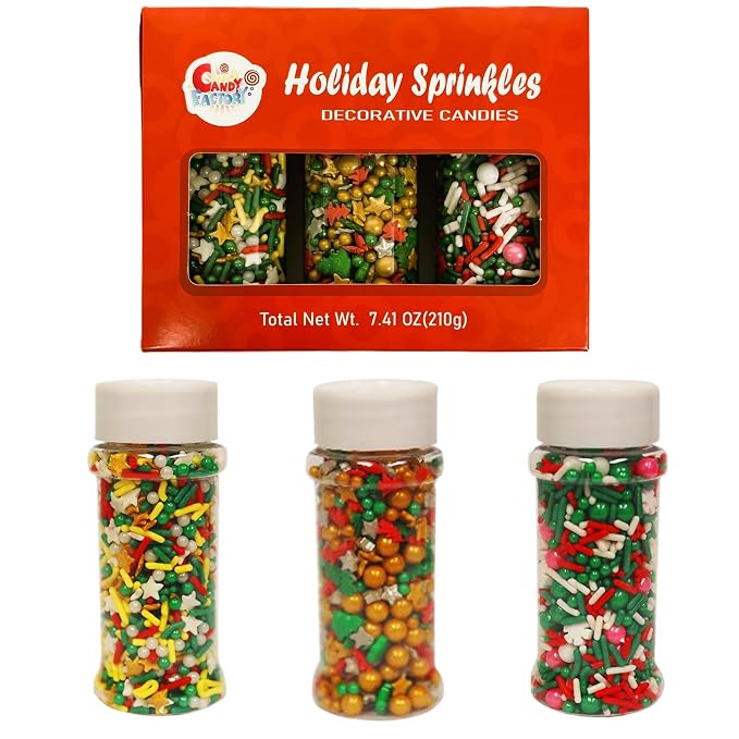 Sarah's Candy Factory Holiday Cake Cookies Sprinkles Set 3 Count (7.41 Oz) | Sprinkles For Christmas, Party, Kosher, Different Types in Jar
