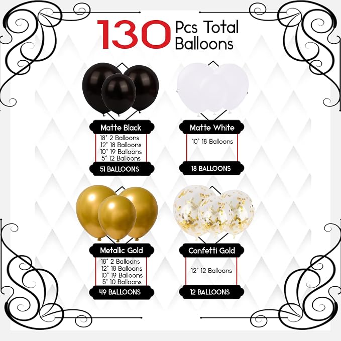Archloon Black and Gold Balloons Arch Kit, 134pcs black and gold balloon garland kit with Black White Metallic Gold Confetti, Balloons Arch Kit for Graduation, Baby Shower, Birthday and Wedding…