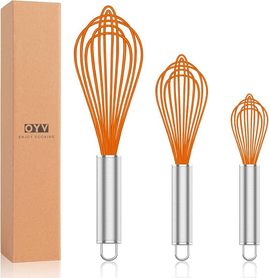 OYV Orange Silicone Whisk, Professional Whisks For Cooking Non-Scratch, Stainless Steel & Silicone Wisk, Plastic Rubber Whisk Tool For Nonstick Cookware Pans, BPA free, Silicon Wisks Set of 3