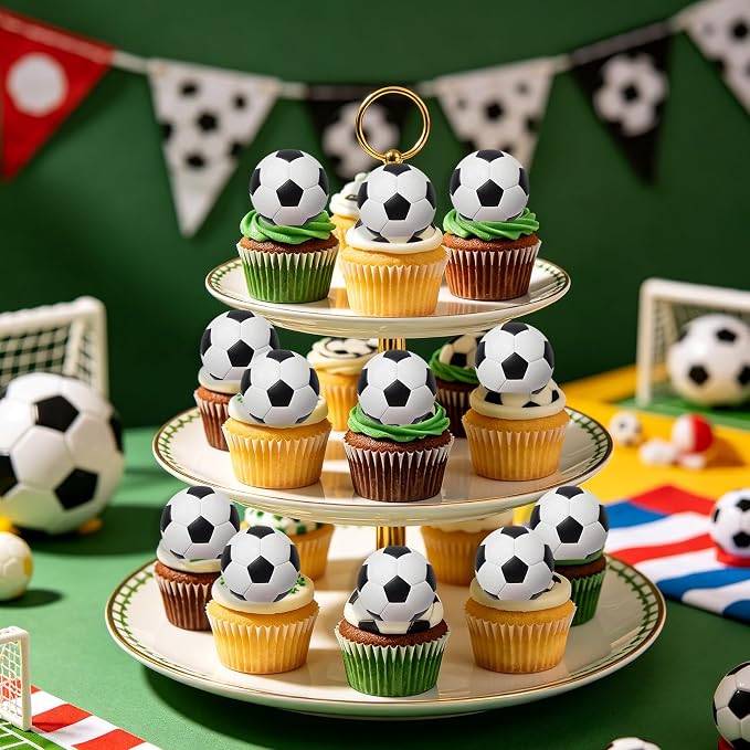 48PCS Edible Soccer Balls Cupcake Toppers Edible Soccer Football Cake Decorations for Sports Ball Game Theme Baby Shower Birthday Party Cake Decorations Supplies
