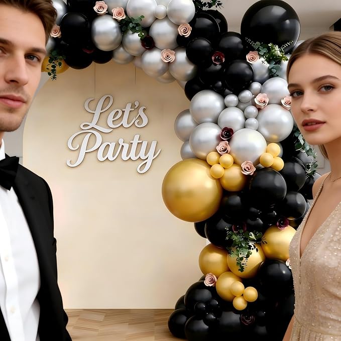 Black Gold Silver Balloon Garland Arch Kit, 143Pcs Black Gold Silver Latex Balloons for New Year 2026 Graduation Retirement Birthday Party Decoration