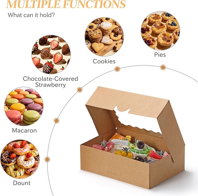 COTOPHER Auto Pop Up Cookie Box with Window 8x6x2.5 Inches – 50 Pack Brown Bakery Boxes with Ribbon for Birthday Party Favors, Wedding, Christmas Gift Packaging for Cookies, Candy, Macarons