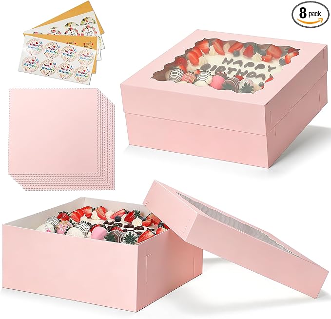COTOPHER 14x14x6 In Sheet Cake Boxes, 16 Pcs Pink Bakery Boxes with Large Window (8 Boxes & 8 Boards), Cake Containers for Quarter Cakes, Donuts, Cupcakes, Brownie, Pastry & Pies Packaging