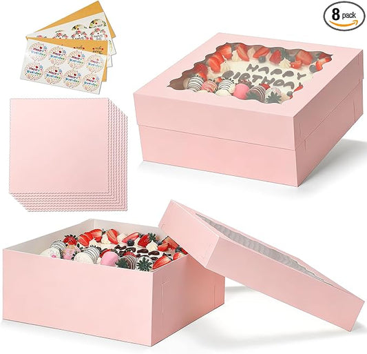 COTOPHER 14x14x6 In Sheet Cake Boxes, 16 Pcs Pink Bakery Boxes with Large Window (8 Boxes & 8 Boards), Cake Containers for Quarter Cakes, Donuts, Cupcakes, Brownie, Pastry & Pies Packaging