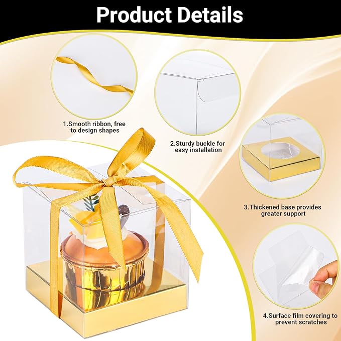 EUSOAR Gold Cupcake Boxes, 100 Packs 3.5 Inch Plastic Individual Clear Cupcake Boxes Containers with Inserts, Pastry Muffins Gift Holder Clear Disposable Cake Carrier Display for Wedding Party Bakery