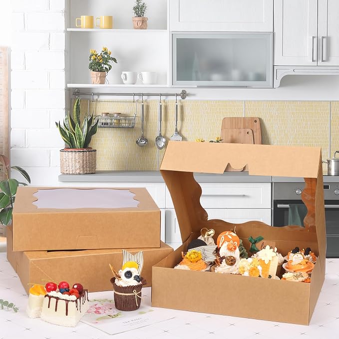 Moretoes 25pcs Pie Boxes, 12x12x3 Inch Auto-Popup Brown Bakery Boxes with Window for Pie, Cookie Cake, Treats, Desserts, Donuts, Muffins