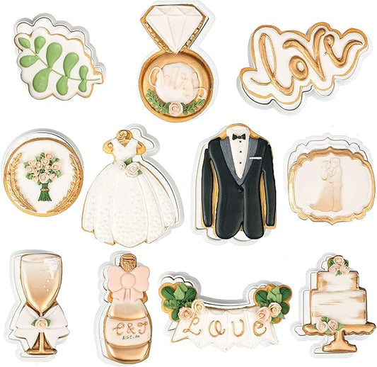 Love Cookie Cutters Set of 11 with 3D Stamper PLA Kitchen Cake Wedding Dress Love Ring Shapes for Kids 3" Baking Embossing Stamps Mold Supplies Biscuit Tools