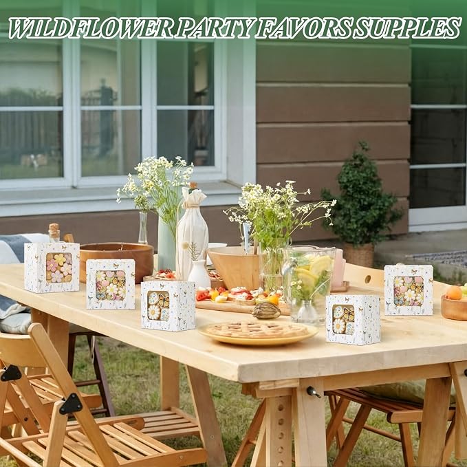 50 Pack Wild Flower Cookie Boxes with Window, Wildflower Small Bakery Treat Boxes for Pastry Donuts Macaroon Cupcakes, Spring Tea Party Baby Shower Birthday Wedding Bridal Shower Favors