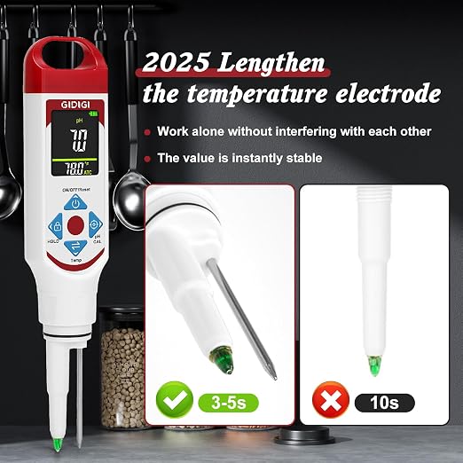 Food pH Meter with ATC, Spear Probe for Sourdough & Meat | Extended temperature electrode, color display, with calibration kit, for sourdough, kombucha, canning, sauce, cosmetic