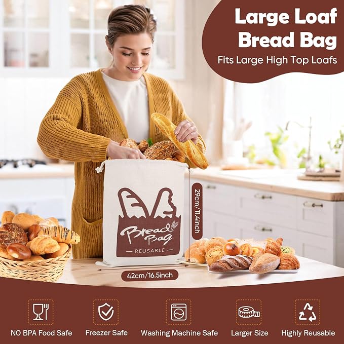 Bread Bags, 2 Pack Bread Bags Reusable Linen with Plastic Lining, Large 17“×13”Homemade ‌Loaf Storage Bags Bread Box for Artisan Bread, Round Loaf, Sourdough