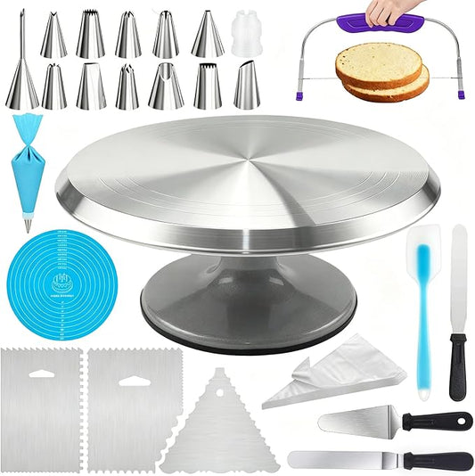 Cake Decorating Supplies Kit with 12" Aluminum Rotating Cake Turntable Stand, Professional Baking Tools, Cake Leveler, Spatulas & Scrapers, Complete Kit for Birthday & Wedding Cakes(74Pcs)